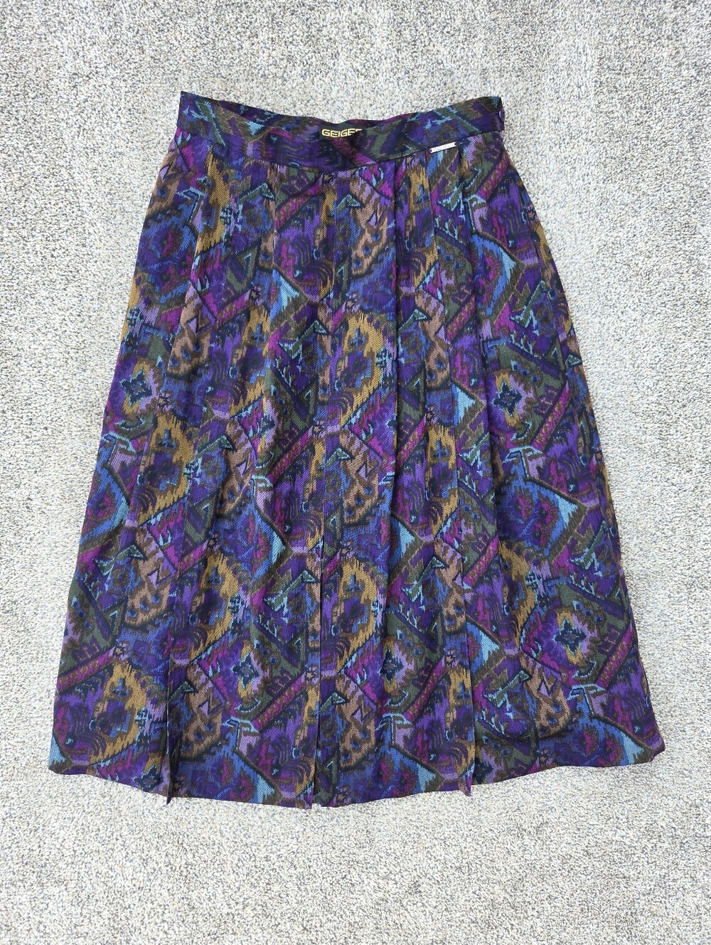 VTG Geiger Austria 100% Wool Pleated Midi Skirt Jewel Tone Geometric Print Sz 44